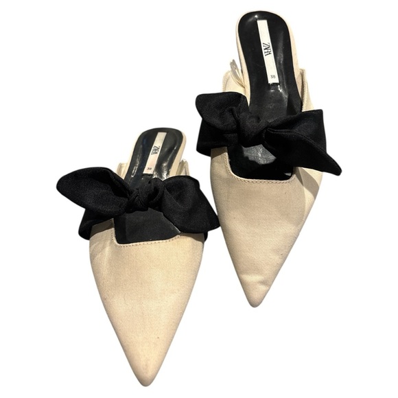 Zara Black and Cream Mules with Bow Detail - Picture 2 of 7